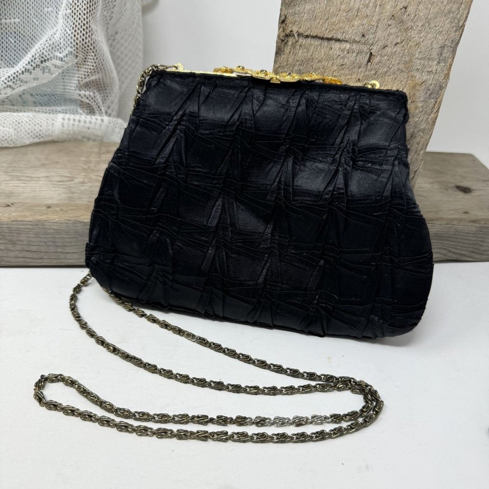 Elegant Black Fabric & Rhinestone Evening Purse w/ Chain - Picture 2 of 8